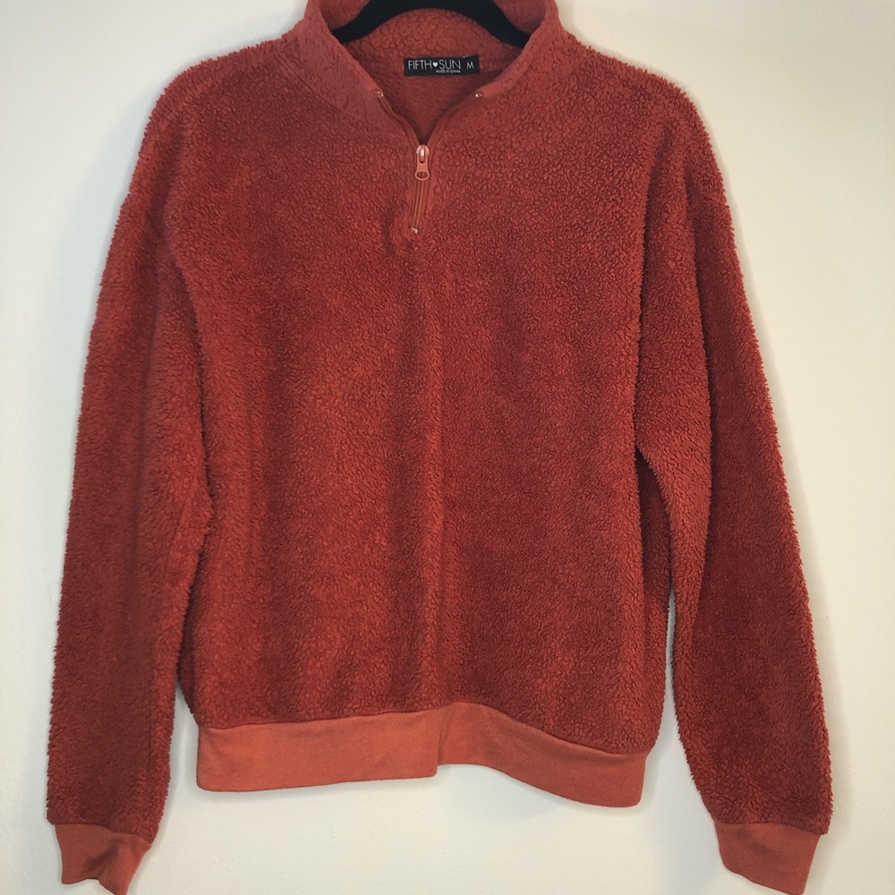 Fifth Sun Sherpa Dark Orange Pullover Women’s Size Medium Fuzzy Warm Zip Top